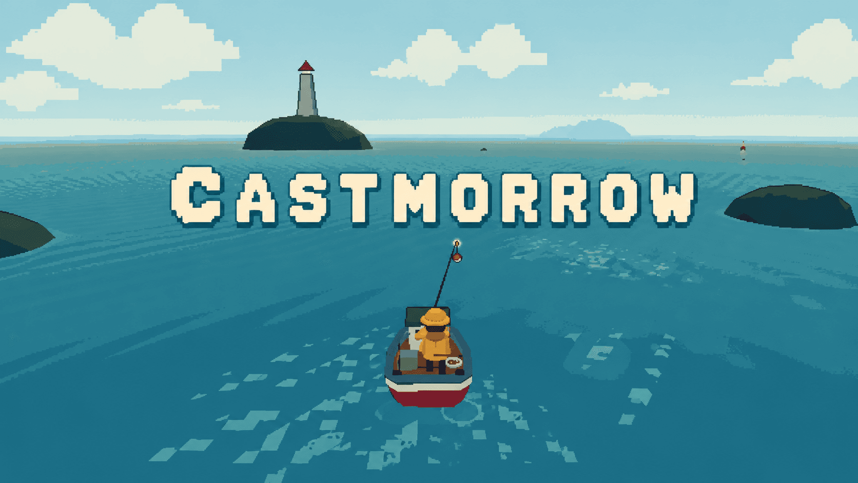 등대가 보이는 픽셀 바다에서 노란 우비의 낚시꾼이 작은 배 위에서 낚시하는 Castmorrow