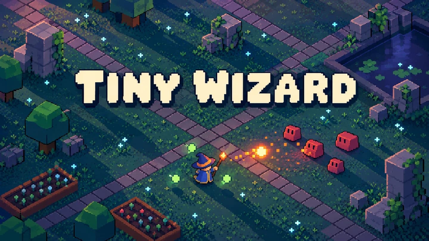 픽셀 3D 정원에서 마법사가 불꽃 마법으로 몬스터를 상대하는 Tiny Wizard